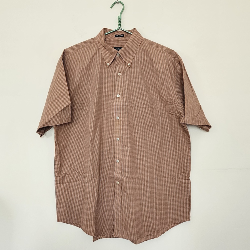 Van Heusen Mens Brown Check Short Sleeve No Iron Button Down Shirt Large 16-16.5